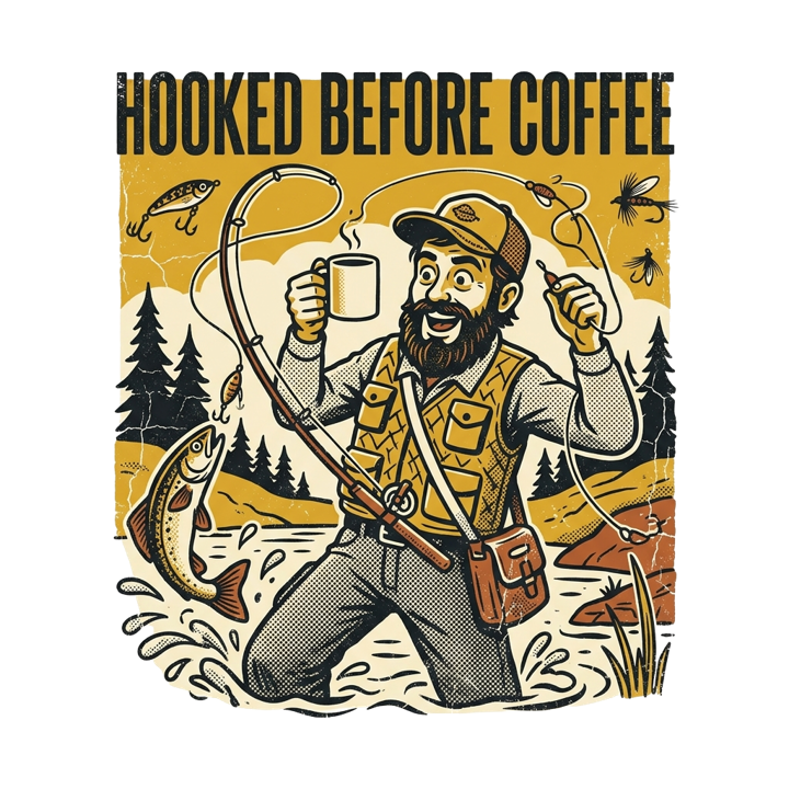 HOOKED BEFORE COFFEE — fishing t-shirt design by Bazzai Studio