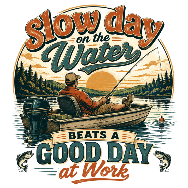 slow day on the water beats a good day at work — angler life t-shirt design by Bazzai Studio