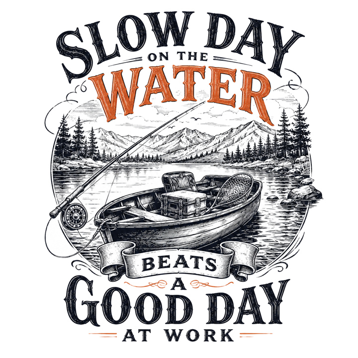 slow day on the water beats a good day at work — angler life t-shirt design by Bazzai Studio