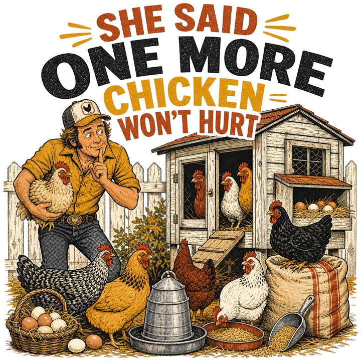 She Said One More Chicken Won't Hurt — backyard chicken owner t-shirt design by Bazzai Studio