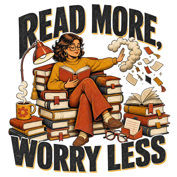 READ MORE, WORRY LESS — book lover t-shirt design by Bazzai Studio