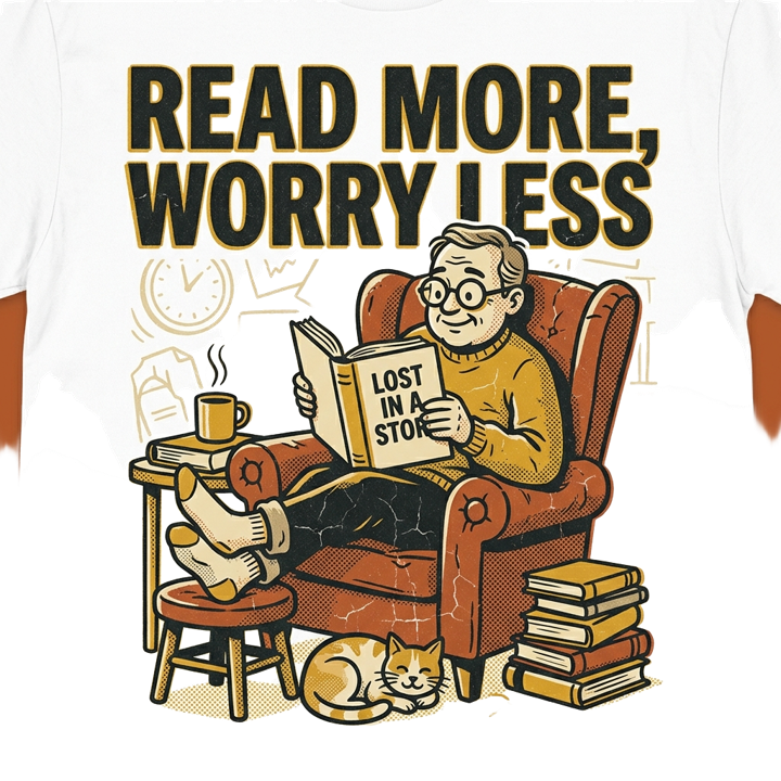 READ MORE, WORRY LESS — book lover t-shirt design by Bazzai Studio