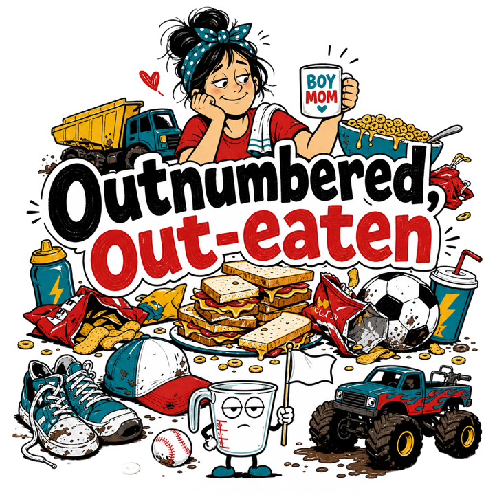 Outnumbered, out-eaten — boy mom chaos t-shirt design by Bazzai Studio