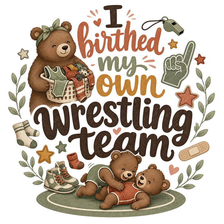 I birthed my own wrestling team — boy mom chaos t-shirt design by Bazzai Studio