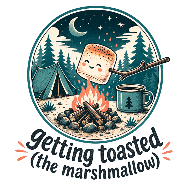 getting toasted (the marshmallow) — camping t-shirt design by Bazzai Studio