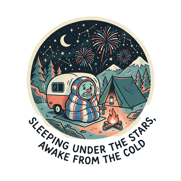 sleeping under the stars, awake from the cold — camping t-shirt design by Bazzai Studio