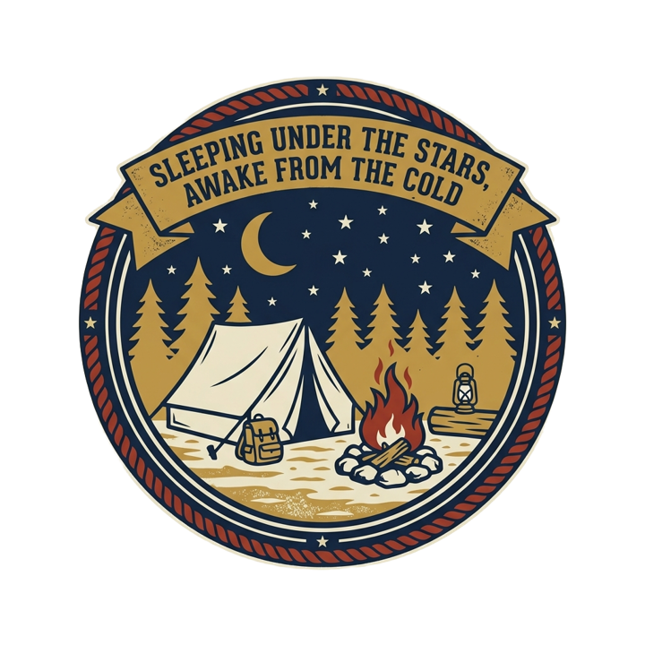 sleeping under the stars, awake from the cold — camping t-shirt design by Bazzai Studio