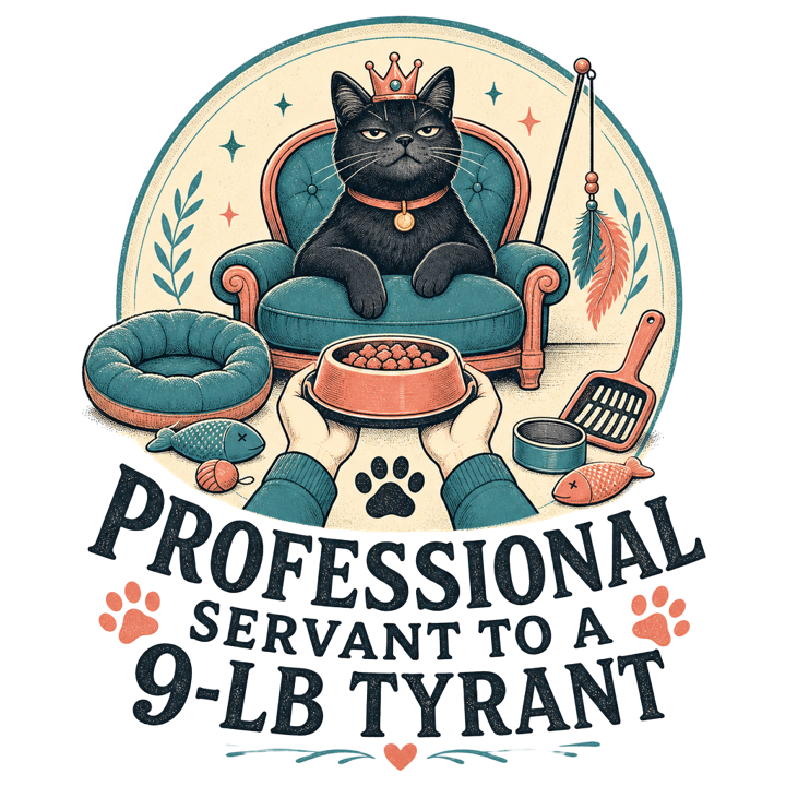 PROFESSIONAL SERVANT TO A 9-LB TYRANT — cat lover t-shirt design by Bazzai Studio