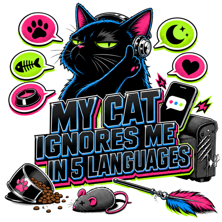 MY CAT IGNORES ME IN 5 LANGUAGES — cat parent humor t-shirt design by Bazzai Studio