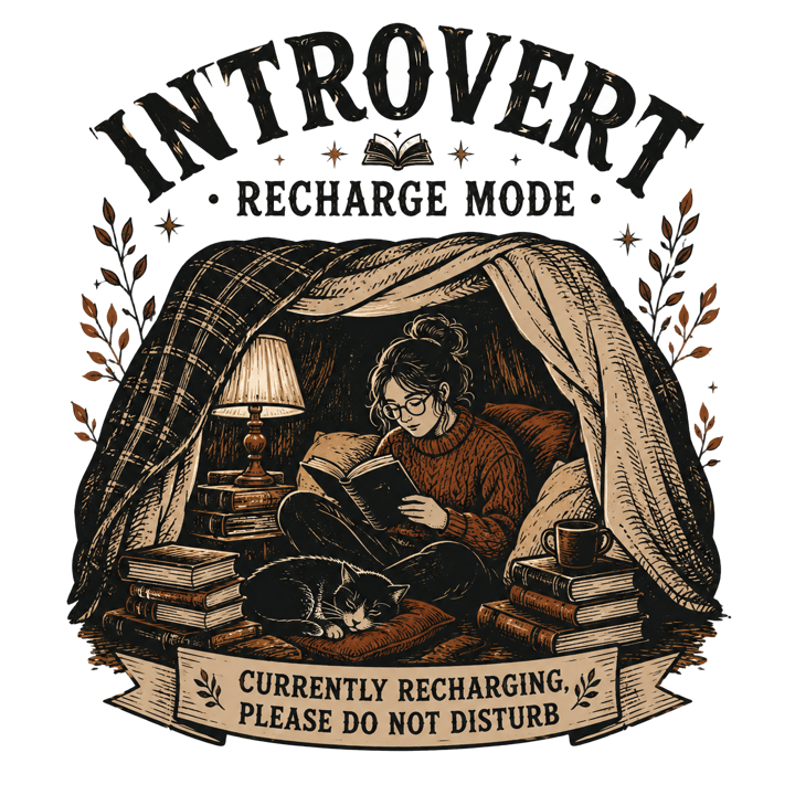 Introvert Recharge Mode — cat parent humor t-shirt design by Bazzai Studio