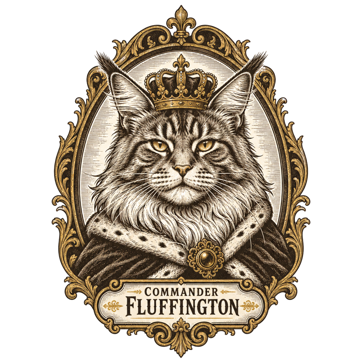 Maine Coon Royalty — cat parent humor t-shirt design by Bazzai Studio