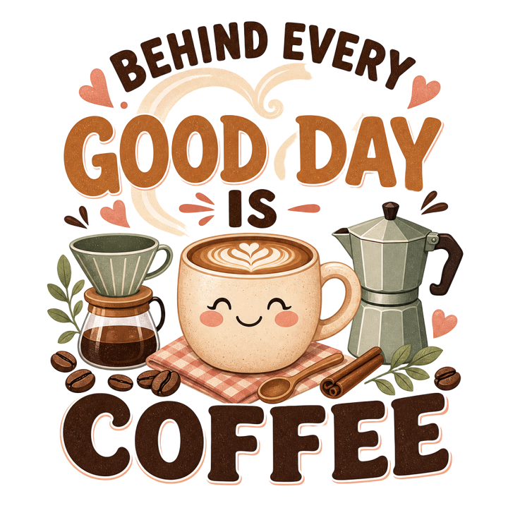BEHIND EVERY GOOD DAY IS COFFEE — coffee lovers t-shirt design by Bazzai Studio