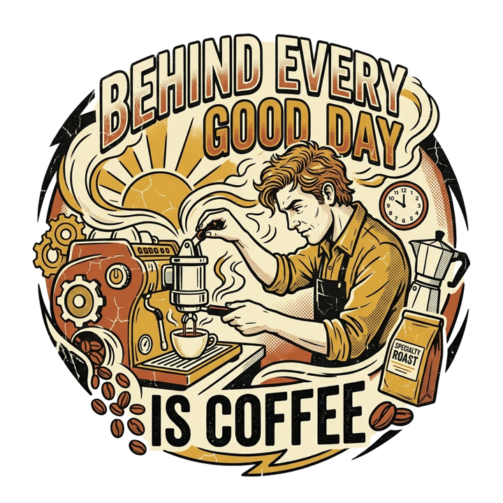 BEHIND EVERY GOOD DAY IS COFFEE — coffee lover t-shirt design by Bazzai Studio