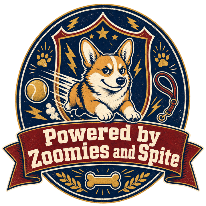 Powered by Zoomies and Spite — corgi owner club t-shirt design by Bazzai Studio