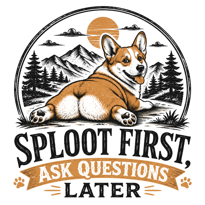 Sploot First, Ask Questions Later — corgi owner club t-shirt design by Bazzai Studio