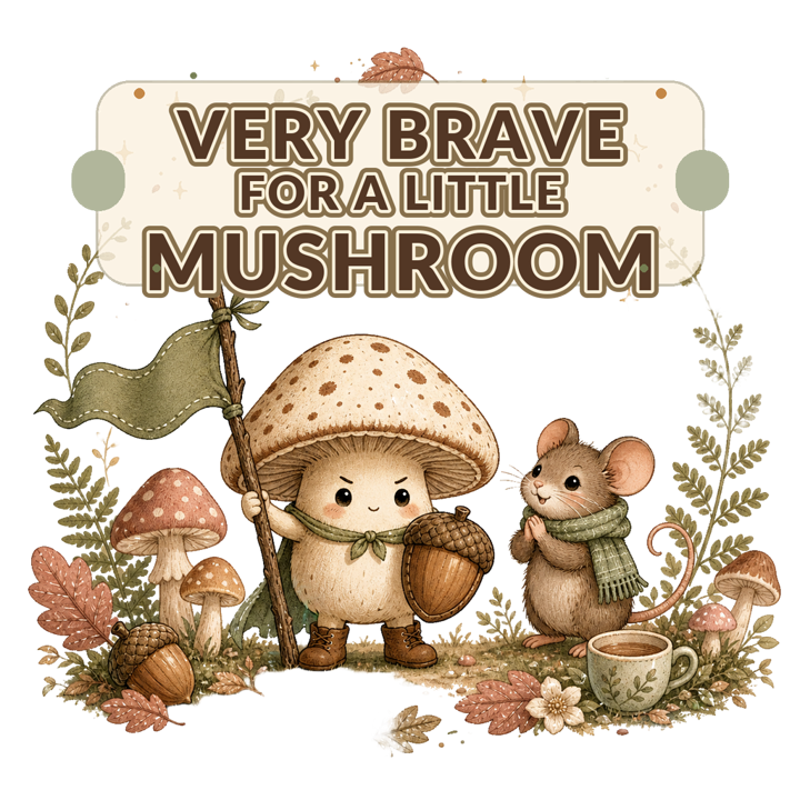 VERY BRAVE FOR A LITTLE MUSHROOM — cute cozy animals t-shirt design by Bazzai Studio