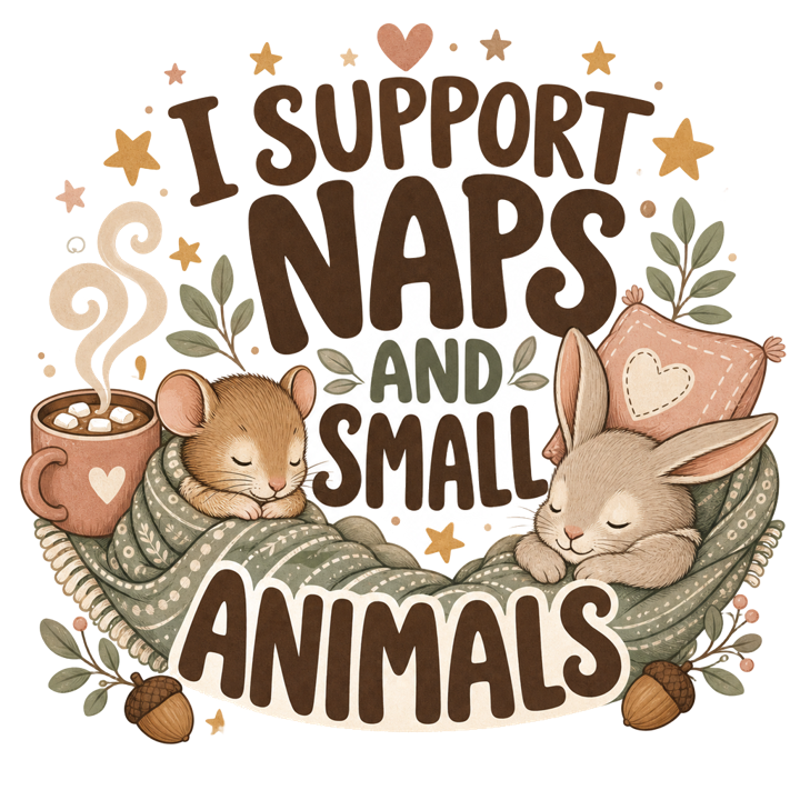 I SUPPORT NAPS AND SMALL ANIMALS — cute cozy animals t-shirt design by Bazzai Studio