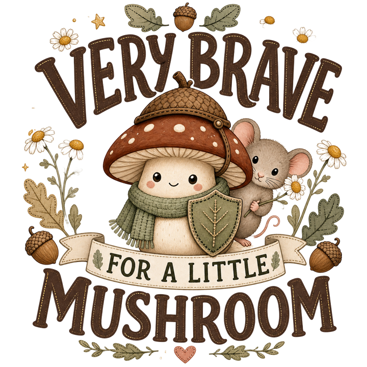 VERY BRAVE FOR A LITTLE MUSHROOM — cute cozy animals t-shirt design by Bazzai Studio