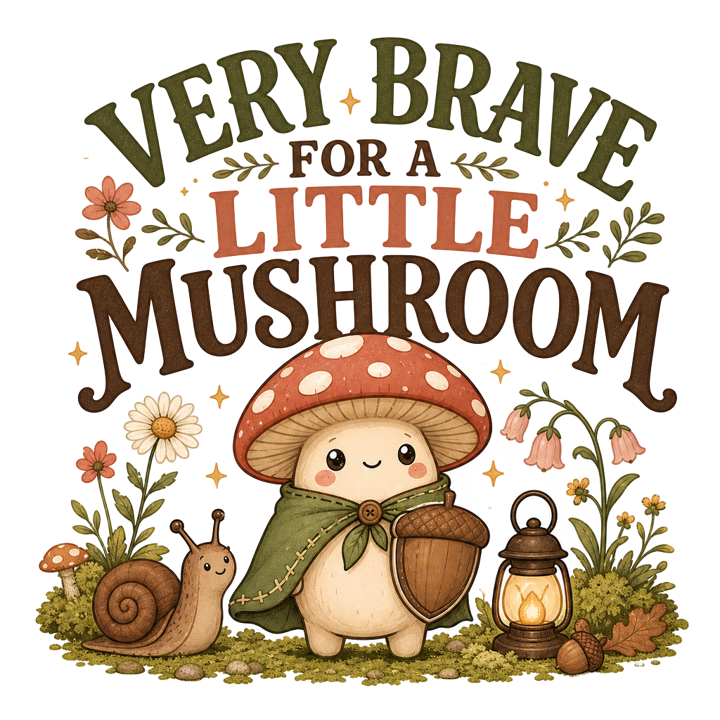 VERY BRAVE FOR A LITTLE MUSHROOM — cute cozy animals t-shirt design by Bazzai Studio