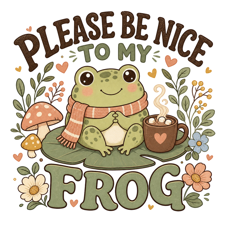PLEASE BE NICE TO MY FROG — cute cozy animals t-shirt design by Bazzai Studio