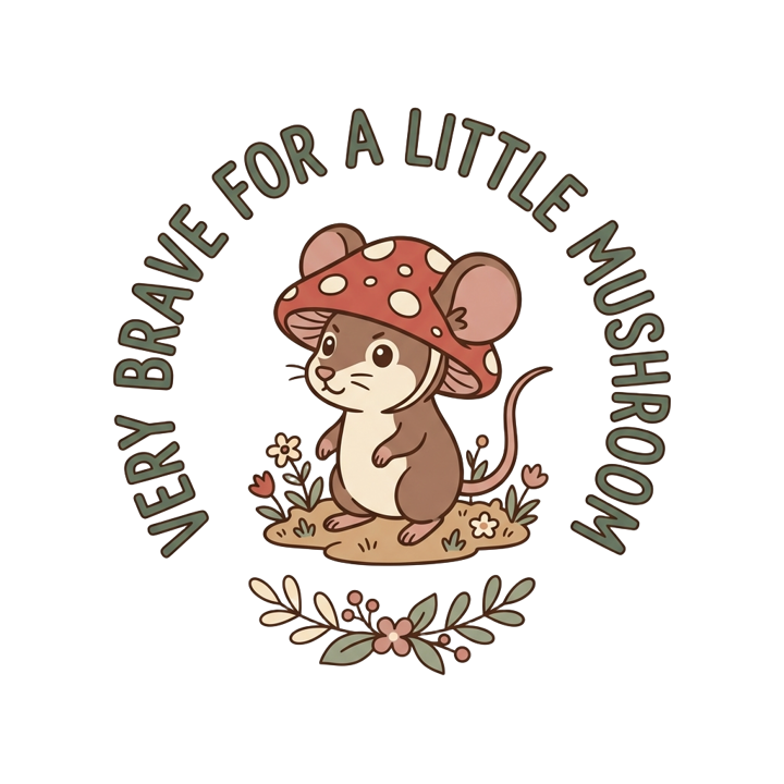 VERY BRAVE FOR A LITTLE MUSHROOM — cute cozy animals t-shirt design by Bazzai Studio