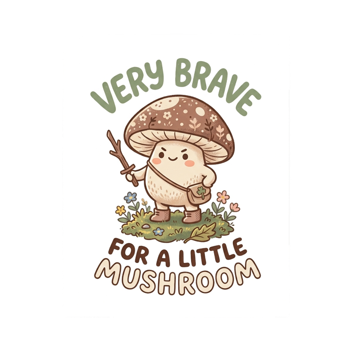 VERY BRAVE FOR A LITTLE MUSHROOM — cute cozy animals t-shirt design by Bazzai Studio