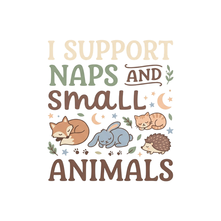 I SUPPORT NAPS AND SMALL ANIMALS — cute cozy animals t-shirt design by Bazzai Studio