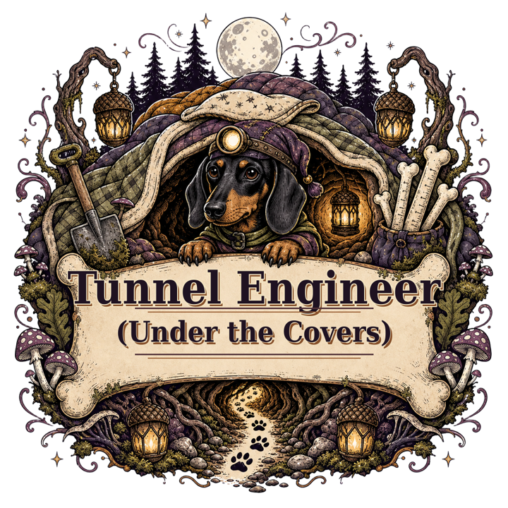 Tunnel Engineer (Under the Covers) — dachshund t-shirt design by Bazzai Studio