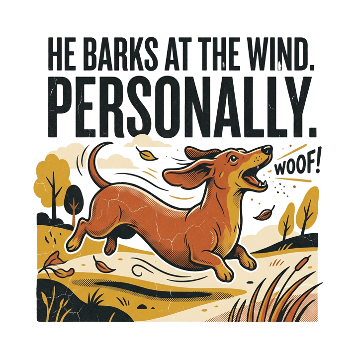 He Barks at the Wind. Personally. — dachshund t-shirt design by Bazzai Studio