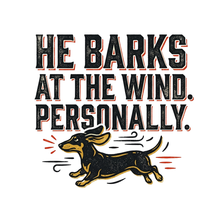 He Barks at the Wind. Personally. — dachshund t-shirt design by Bazzai Studio
