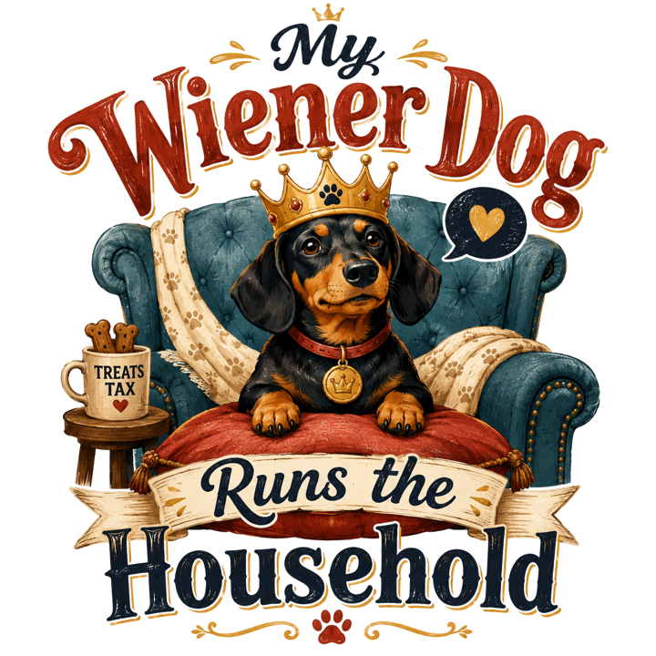 My Wiener Dog Runs the Household — dachshund owner t-shirt design by Bazzai Studio