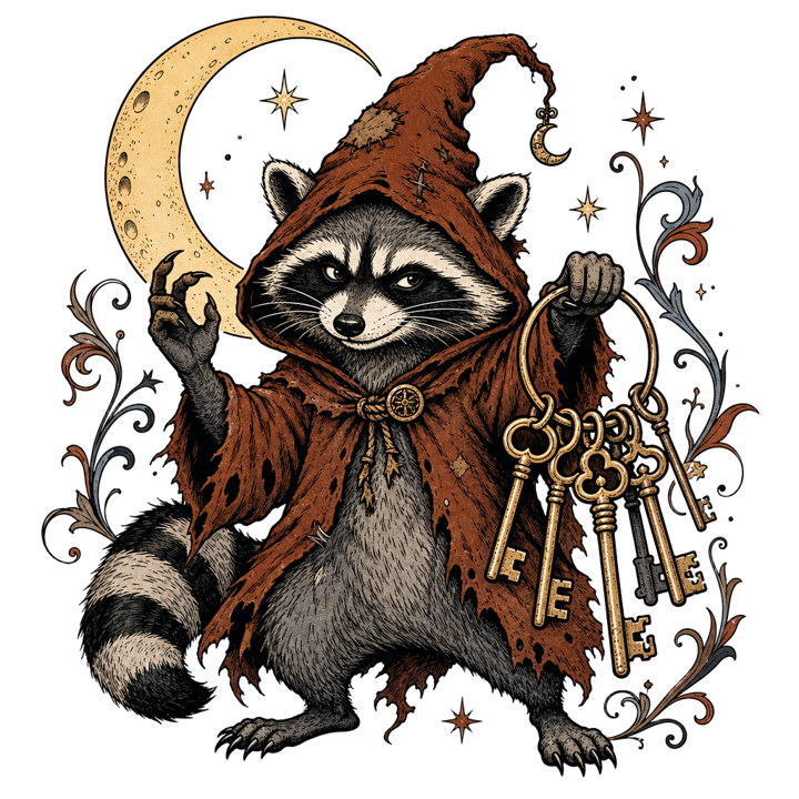 Raccoon Wizard Energy — dark cozy weird t-shirt design by Bazzai Studio