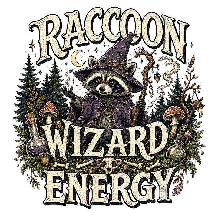 RACCOON WIZARD ENERGY — dark cozy weird t-shirt design by Bazzai Studio