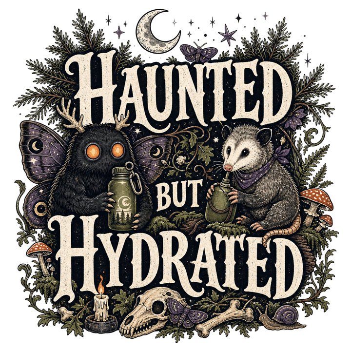 HAUNTED BUT HYDRATED — dark cozy weird t-shirt design by Bazzai Studio