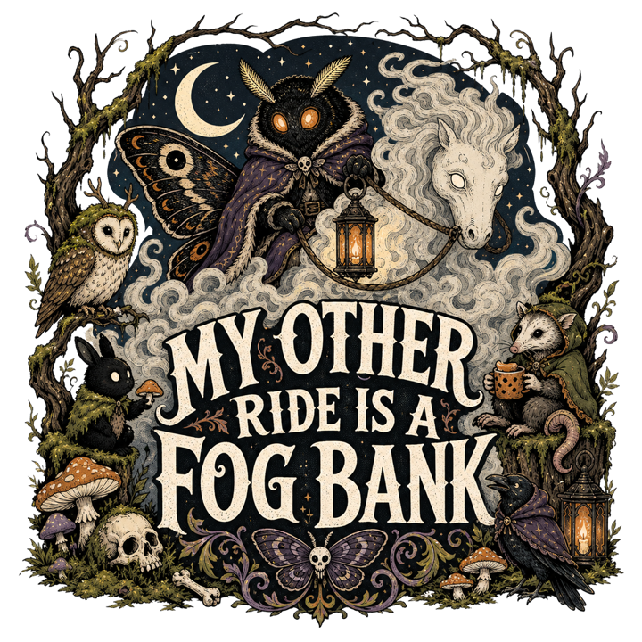 MY OTHER RIDE IS A FOG BANK — dark cozy weird t-shirt design by Bazzai Studio