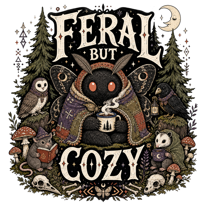 FERAL BUT COZY — dark cozy weird t-shirt design by Bazzai Studio