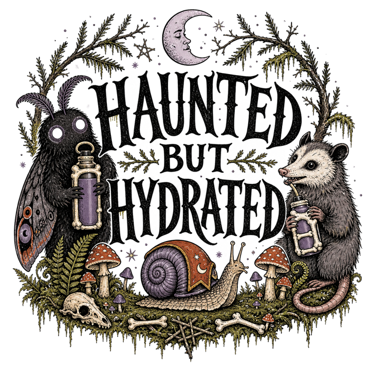 HAUNTED BUT HYDRATED — dark cozy weird t-shirt design by Bazzai Studio