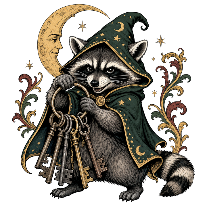 Raccoon Wizard Energy — dark cozy weird t-shirt design by Bazzai Studio