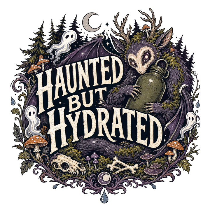 HAUNTED BUT HYDRATED — dark cozy weird t-shirt design by Bazzai Studio