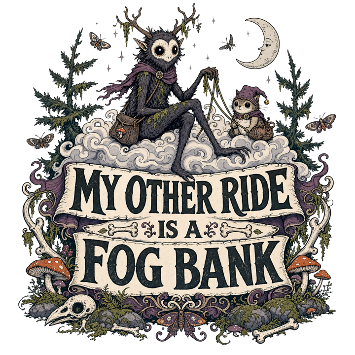 MY OTHER RIDE IS A FOG BANK — dark cozy weird t-shirt design by Bazzai Studio