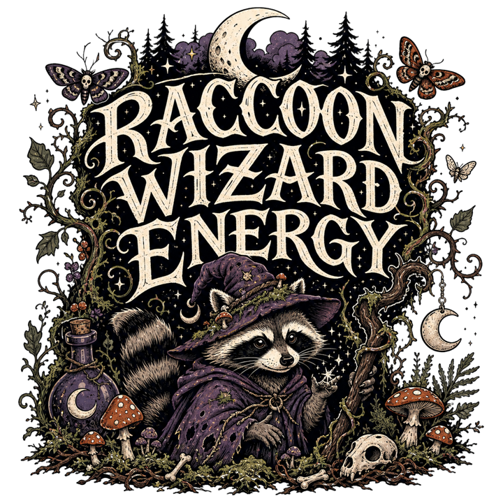 RACCOON WIZARD ENERGY — dark cozy weird t-shirt design by Bazzai Studio