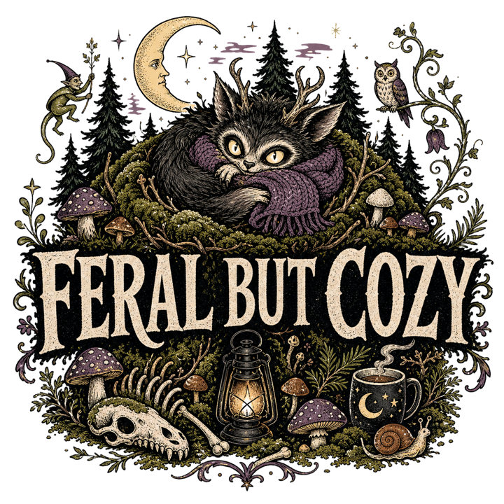 FERAL BUT COZY — dark cozy weird t-shirt design by Bazzai Studio