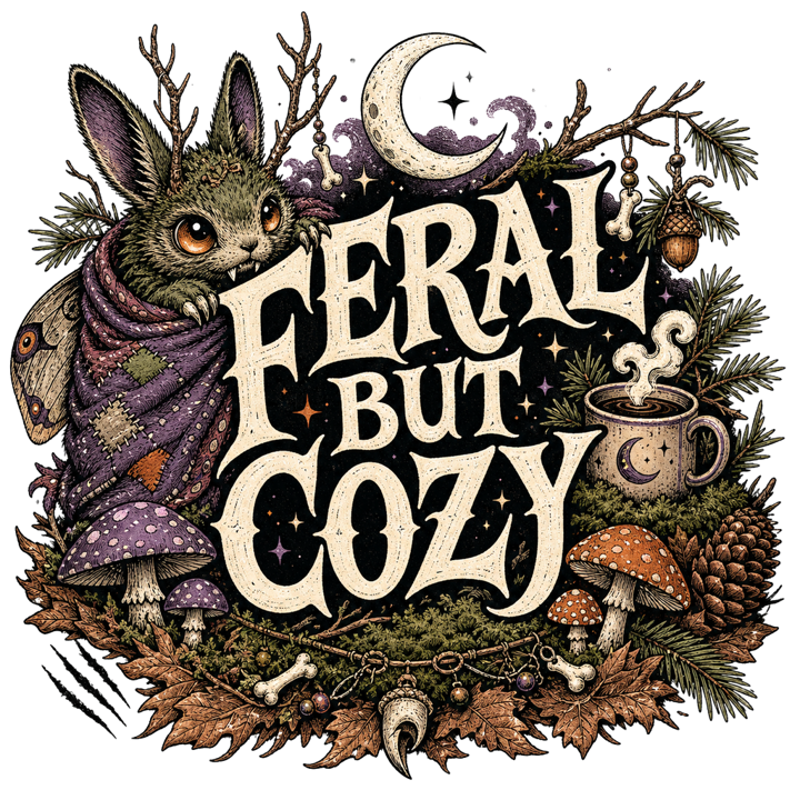 FERAL BUT COZY — dark cozy weird t-shirt design by Bazzai Studio