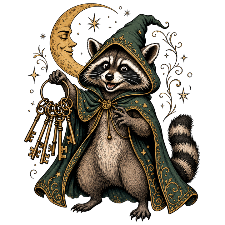 Raccoon Wizard Energy — dark cozy weird t-shirt design by Bazzai Studio