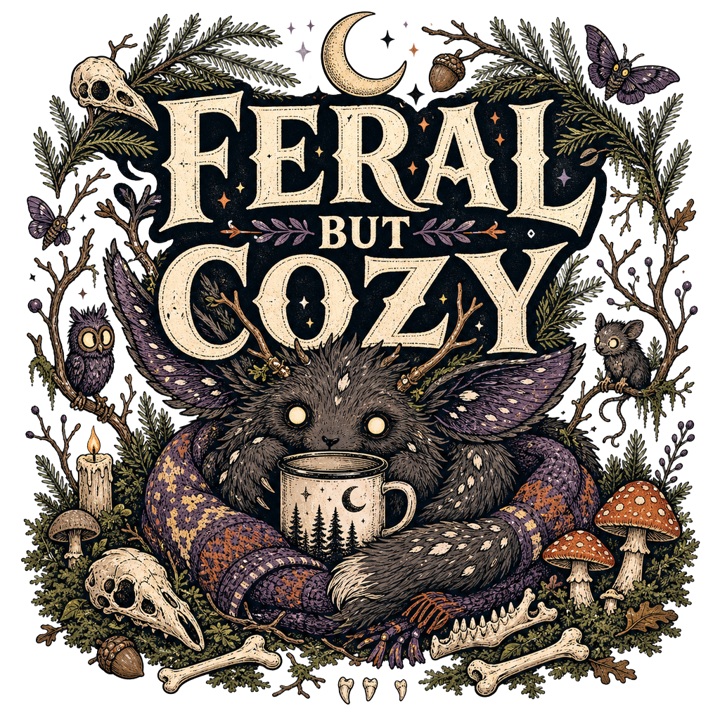 FERAL BUT COZY — dark cozy weird t-shirt design by Bazzai Studio