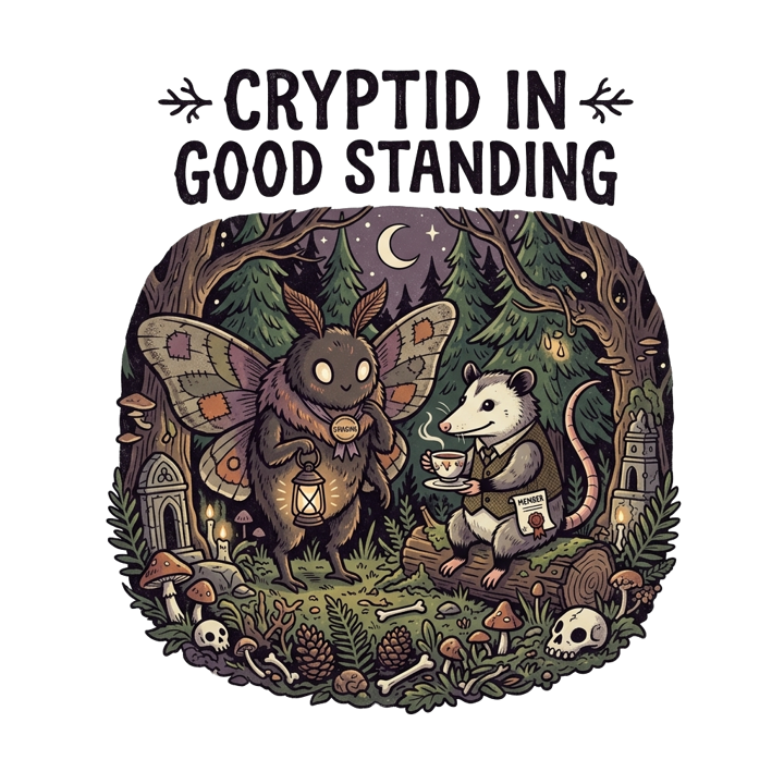 CRYPTID IN GOOD STANDING — dark cozy weird t-shirt design by Bazzai Studio