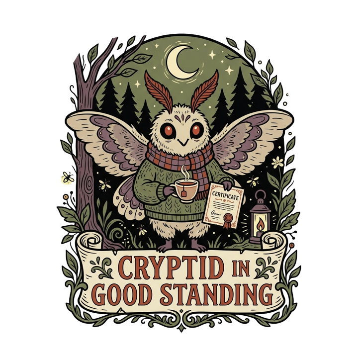 CRYPTID IN GOOD STANDING — dark cozy weird t-shirt design by Bazzai Studio