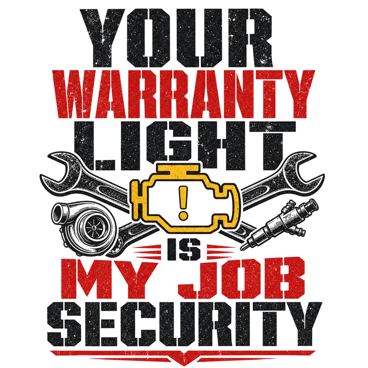 Your warranty light is my job security — mechanic t-shirt design by Bazzai Studio