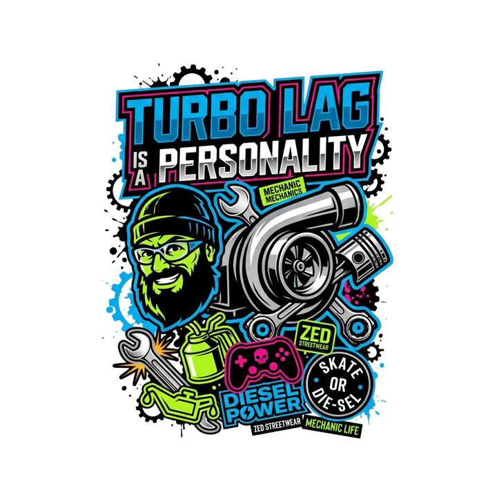 Turbo lag is a personality — dieselmechanic t-shirt design by Bazzai Studio