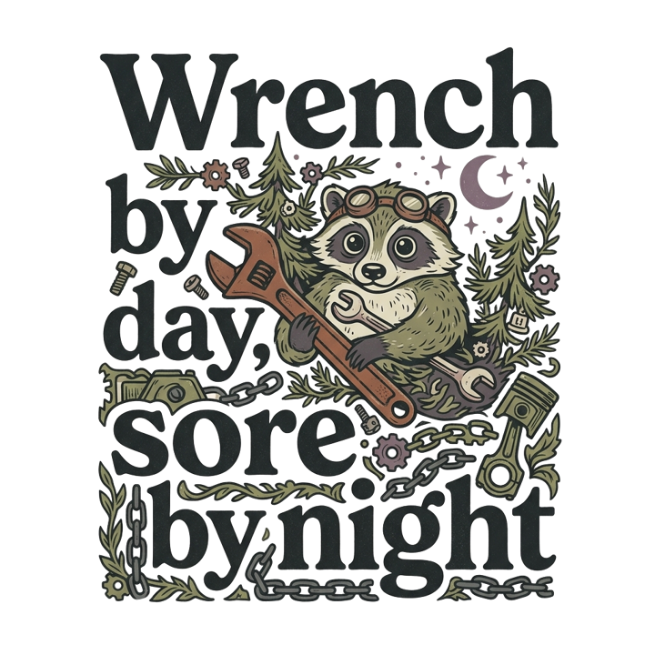 Wrench by day, sore by night — mechanic t-shirt design by Bazzai Studio